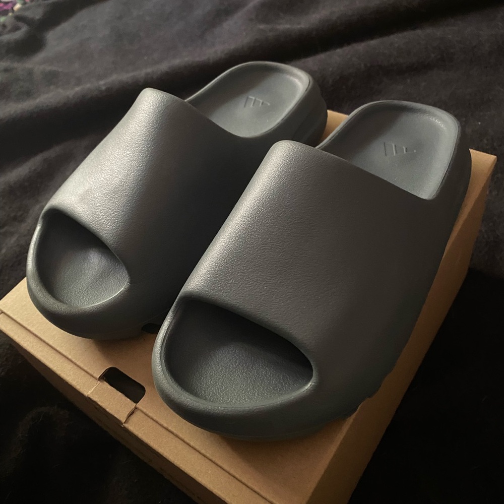 Slate grey Yeezy slides